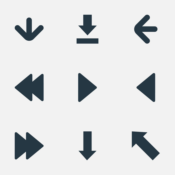 9 シンプルな矢印のアイコンのセットです。左方向、下方向を指して、正しいランドマークなどの要素を見つけることができます。. - ベクター画像