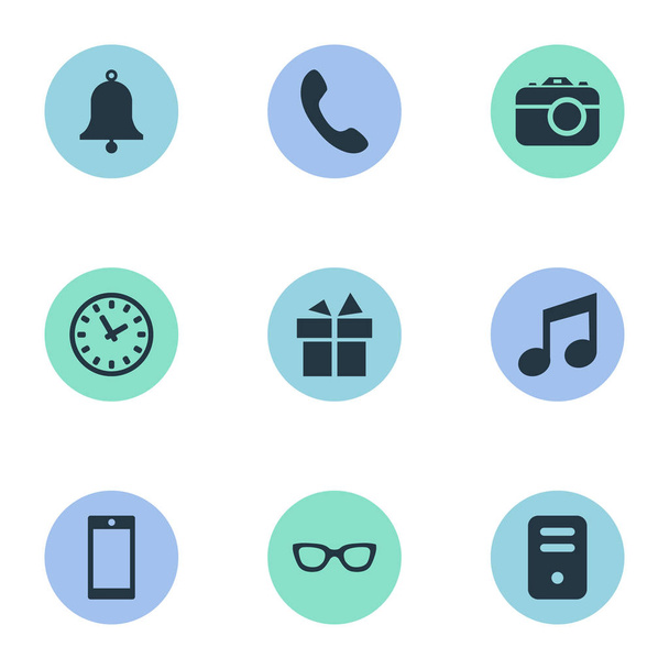 Ensemble de 9 icônes simples. Peut être trouvé des éléments tels que bouton d'appel, musique, lunettes et autres
. - Vecteur, image