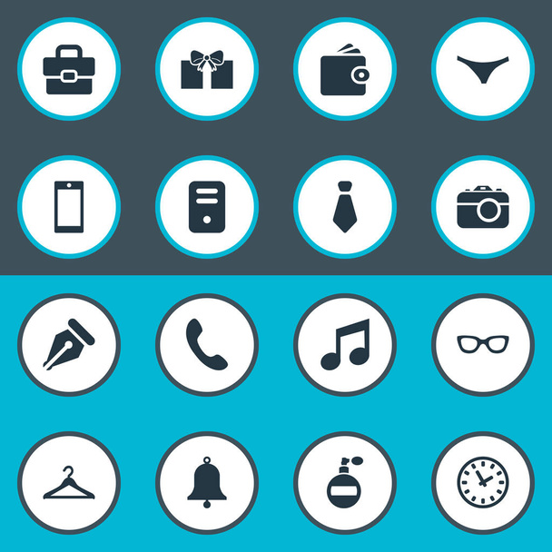 Conjunto de 16 iconos de instrumentos simples. Se pueden encontrar elementos tales como botón de llamada, Cravat, percha y otros
. - Vector, imagen