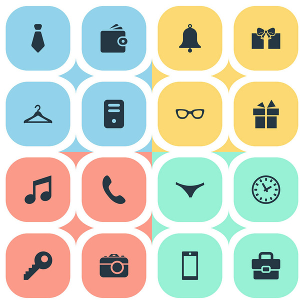 Conjunto de 16 ícones simples. Pode ser encontrado elementos como roupa interior, saco de negócios, óculos e outros
. - Vetor, Imagem