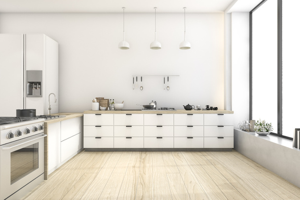 3d rendering cucina in stile scandinavo bianco con lampada
 - Foto, immagini
