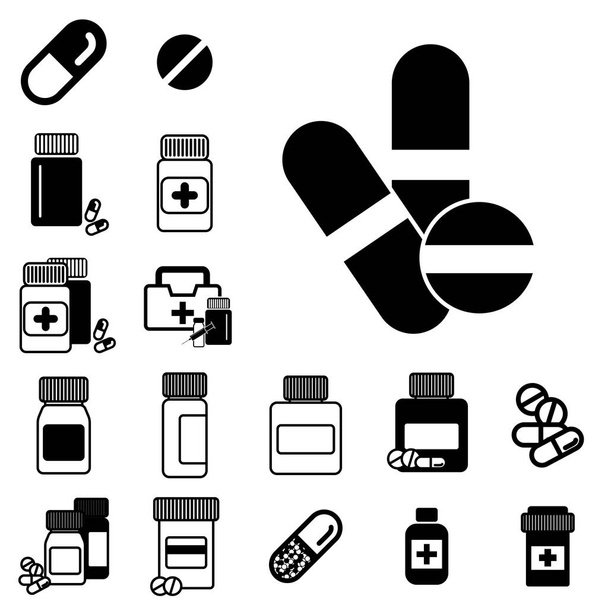 Különböző tabletta vagy a drog tégelyek elszigetelt ikonok - Vektor, kép