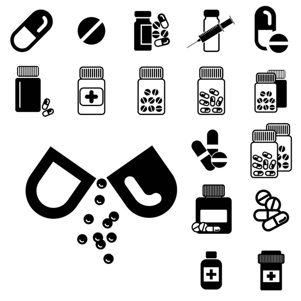 Ikonen verschiedener Pillen- oder Medikamentengläser isoliert - Vektor, Bild
