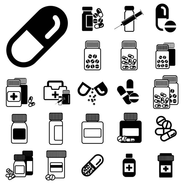 Diferentes pastillas o frascos de drogas iconos aislados
 - Vector, imagen