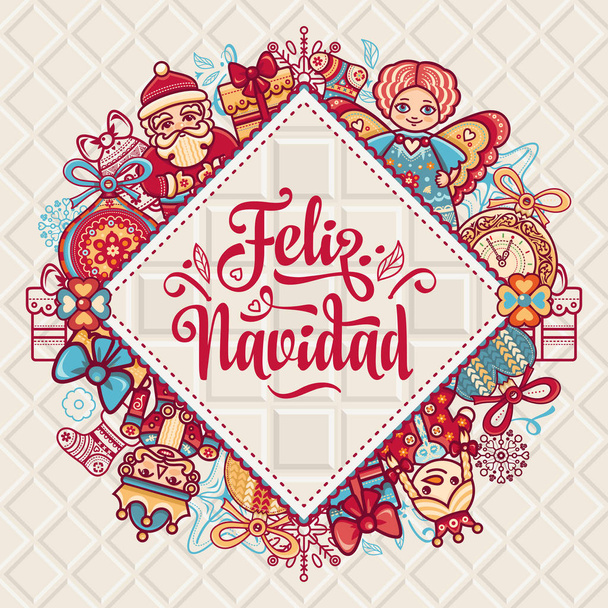Feliz navidad. Χριστουγεννιάτικη κάρτα στην ισπανική γλώσσα. - Διάνυσμα, εικόνα
