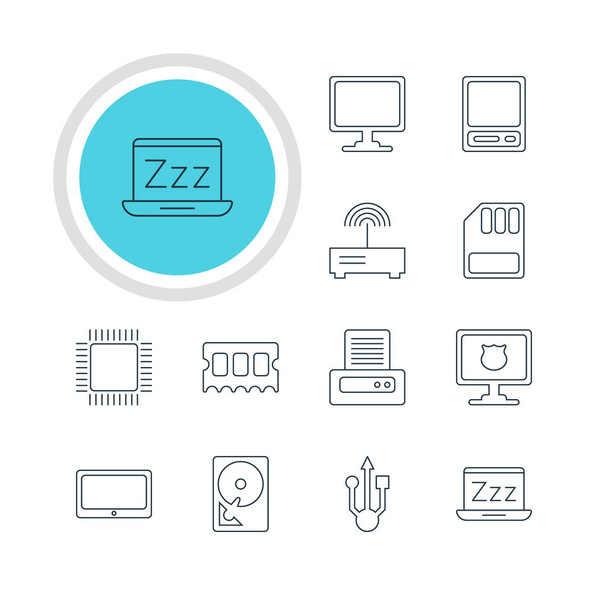 Vector Illustration Of 12 Laptop Icons. Editable Pack Of Hard Drive Disk, Laptop, Usb Icon And Other Elements. - Vector, Image