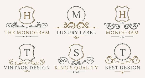 Retro Royal Vintage Shields Logotype set. Vector calligraphyc Luxury logo design elements. Business signs, logos, identity, spa, hotels, badges - Vector, Image