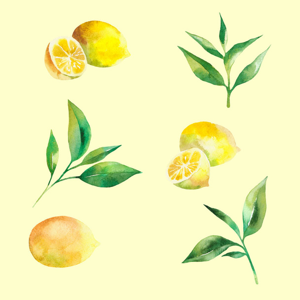 watercolor wreath of tea leaves and lemons on yellow background - Fotografie, Obrázek
