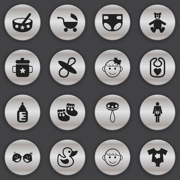Set Of 16 Editable  Icons. Includes Symbols Such As Merry Children, Stroller, Small Dresses And More. Can Be Used For Web, Mobile, UI And Infographic Design. - Vector, Image