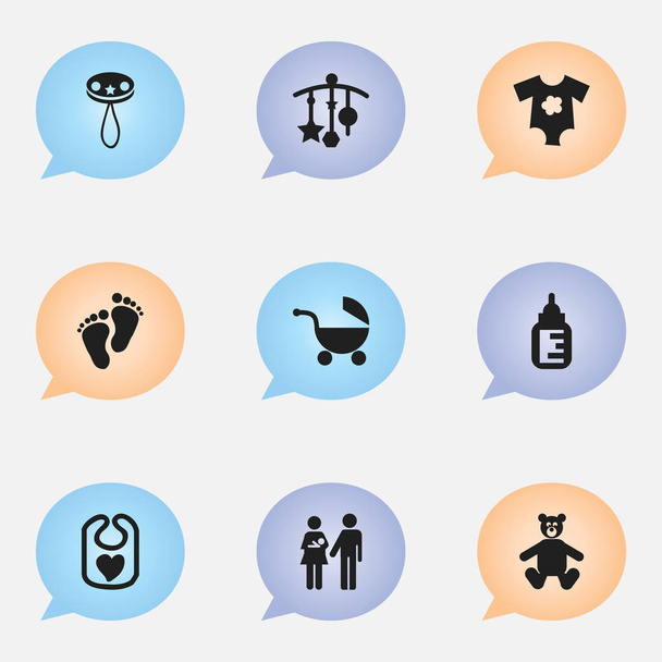 Set van 9 bewerkbare Baby-iconen. Bevat symbolen zoals voetstap, Lineage, Nursing fles en meer. Kan worden gebruikt voor Web, Mobile, Ui en Infographic Design. - Vector, afbeelding