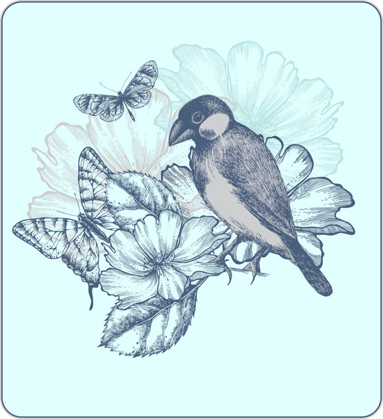 Vector illustration of a bird, blooming roses and butterflies. - Vector, Imagen