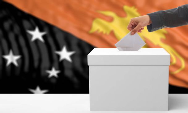 Äänestäjä Papua-Uuden-Guinean lipulla. 3d kuva
 - Valokuva, kuva