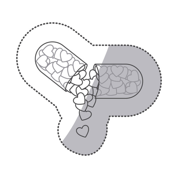 matrica fekete-fehér sziluettjét tabletta orvosi kapszula alakú és csöpög a szívek - Vektor, kép