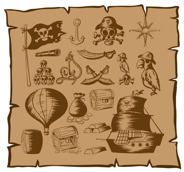 Pirate symbols and other elements on map - Vector, Image