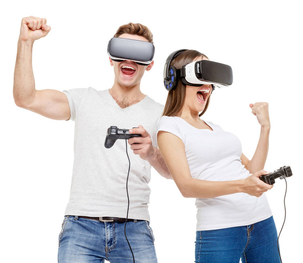 Man and woman with virtual reality goggles - Foto, immagini