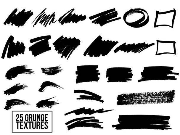 Set of black paint, ink brush strokes, brushes, lines. Dirty artistic design elements, boxes, frames for text. - Vector, Image