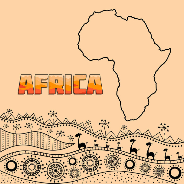 Malli suunnittelu Afrikkalainen tyyli. Afrikkalainen perinteisiä elementtejä etnisiä kuvioita. Kuvateksti täynnä koristeita. Siluetti mantereella. Vektoriesimerkki
 - Vektori, kuva