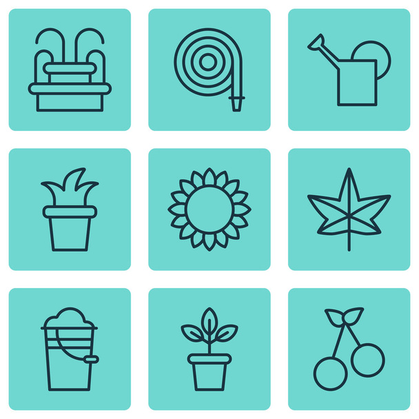Set Of 9 Planting Icons. Includes Bucket, Fire Tube, Helianthus And Other Symbols. Beautiful Design Elements. - Vector, Image