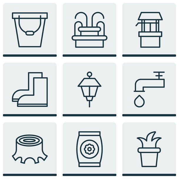 Set Of 9 Holticulture Icons. Includes Gardening Shoes, Water Monument, Tree Stub And Other Symbols. Beautiful Design Elements. - Vector, Image