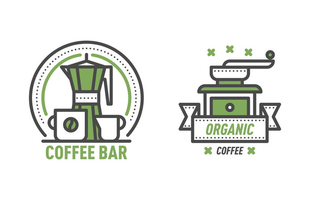 Coffee badge logo food design thin line lettering for restaurant, cafe menu coffee house and shop element beverage label sticker vector illustration. - Vektör, Görsel