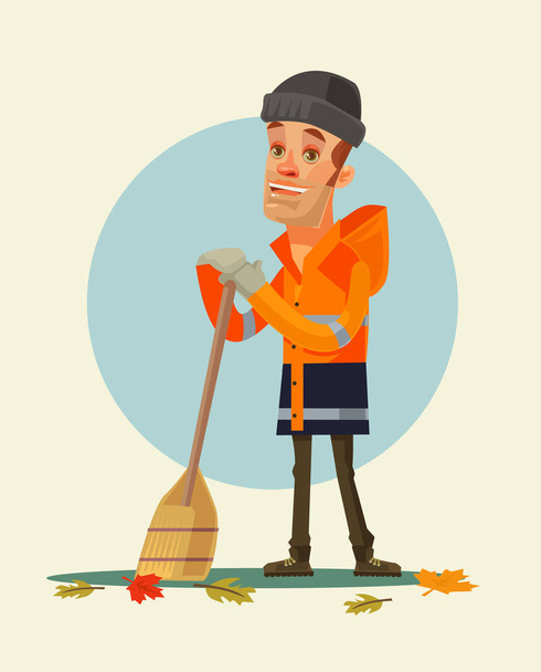 Happy smiling yardman character sweeping leaves. Vector flat cartoon illustration - Wektor, obraz