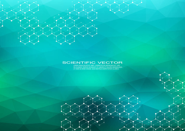 Hexagonal molecule. Molecular structure. Genetic and chemical compounds. Chemistry, medicine, science and technology concept. Geometric abstract background. Atom, DNA and neurons vector. - Vector, Image