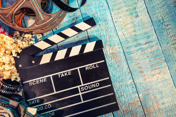 Film camera chalkboard , roll and popcorn - Φωτογραφία, εικόνα