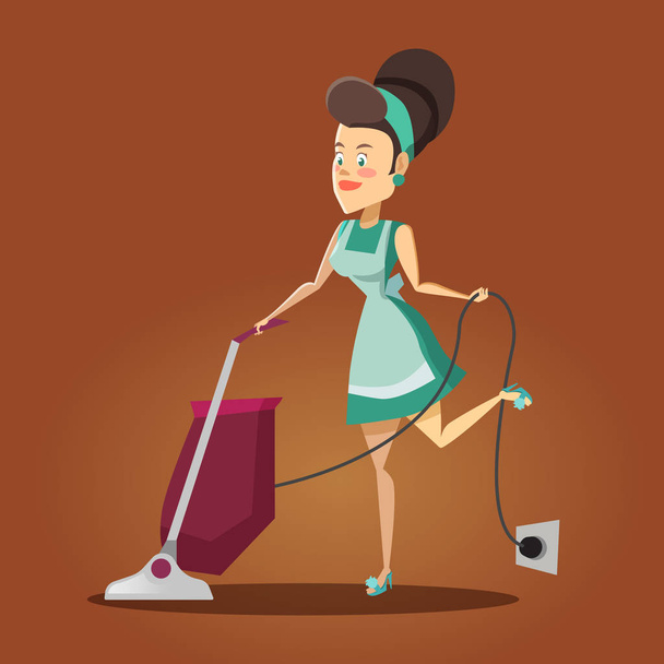 Молодая красивая домохозяйка убирает дом пылесосом. Уборка. Векторная иллюстрация
 - Вектор,изображение