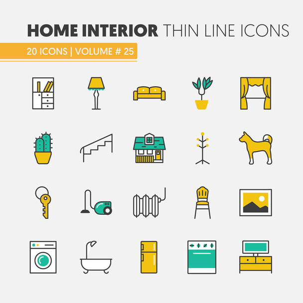 House Interior Linear Thin Line Vector Icons Set with Furniture - Vector, Image