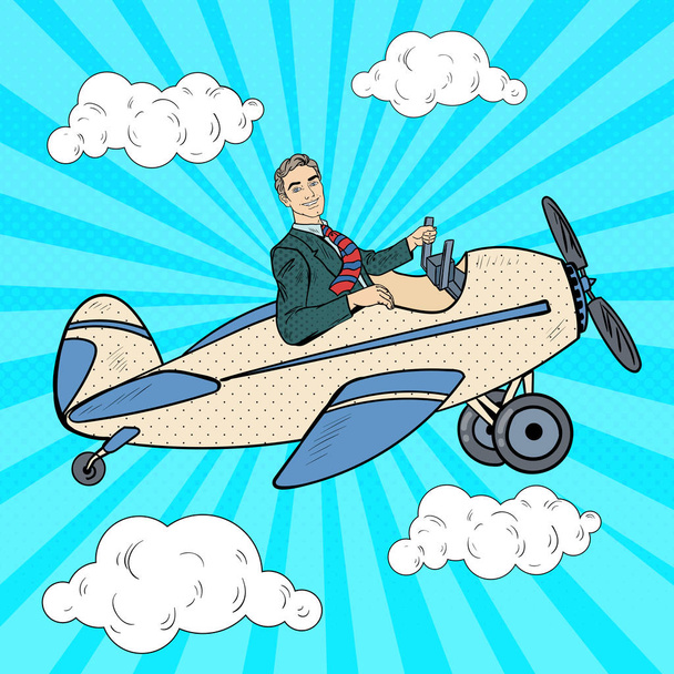 Pop Art podnikatel na koni Retro letadlo. Vektorové ilustrace - Vektor, obrázek