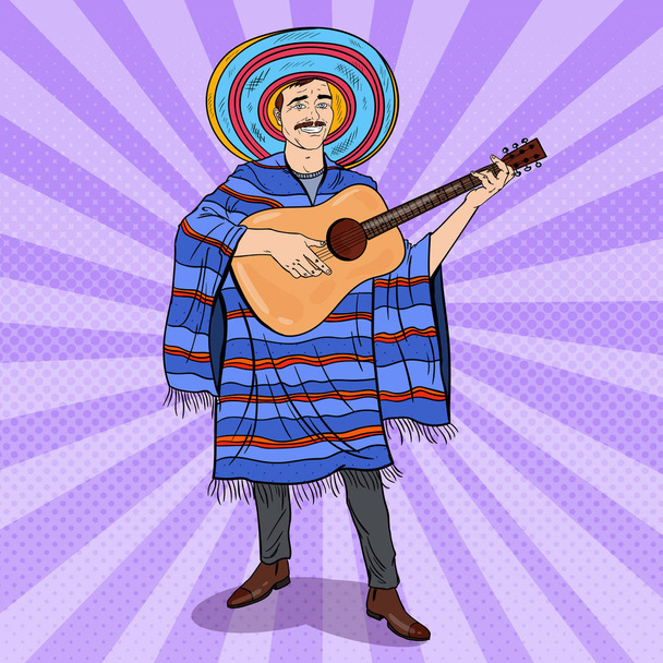 Pop Art Mariachi soittaa kitaraa. Meksikolainen mies Ponchossa ja Sombrerossa. Vektoriesimerkki
 - Vektori, kuva