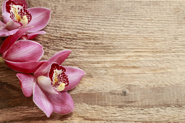 Beautiful pink orchid flowers on wood - Foto, Imagen