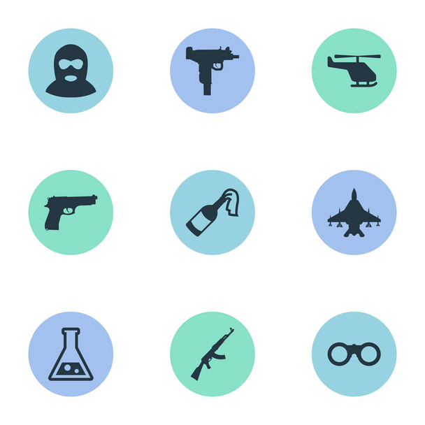 Set Of 9 Simple Military Icons. Can Be Found Such Elements As Kalashnikov, Helicopter, Chemistry And Other. - Vector, Image