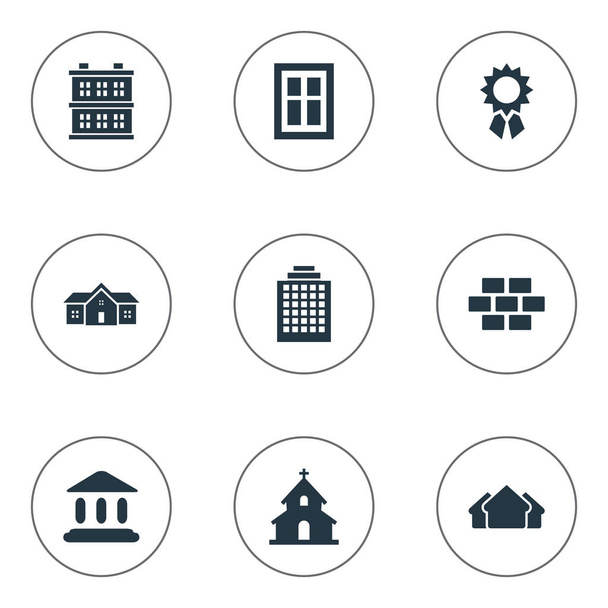 Conjunto de 9 iconos de arquitectura simple. Se pueden encontrar elementos tales como recompensa, acristalamiento, cabina y otros
. - Vector, imagen
