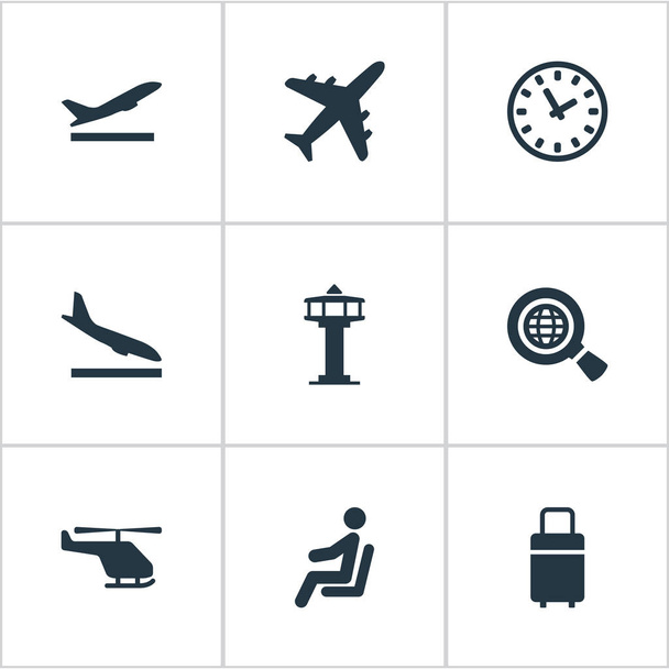 Set von 9 einfachen Ebenen-Symbolen. finden sich Elemente wie aussteigendes Flugzeug, Start, Flugkontrollturm und andere. - Vektor, Bild