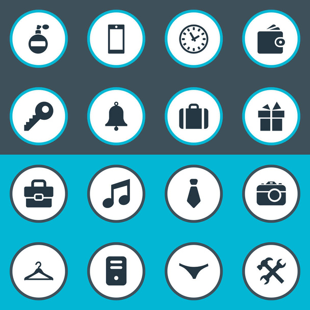 Set de 16 iconos de accesorios simples. Se pueden encontrar elementos tales como cámara digital, percha, anillo y otros
. - Vector, imagen