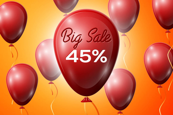 Rode ballonnen met een inscriptie grote verkoop vijfenveertig procent kortingen. Verkoop concept voor winkels slaan markt-, web- en andere handel. Vectorillustratie. - Vector, afbeelding