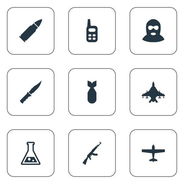 Set di 9 icone semplici dell'esercito. Possono essere trovati elementi come arma fredda, munizioni, forza del cielo e altri
. - Vettoriali, immagini