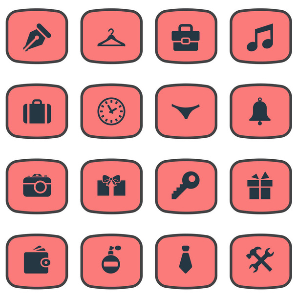 Set Of 16 Simple  Icons. Can Be Found Such Elements As Music, Fragrance, Briefcase And Other. - Vector, Image