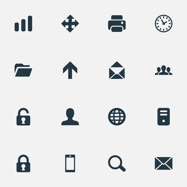 Set Of 16 Simple Practice Icons. Can Be Found Such Elements As Lock, Magnifier, Dossier And Other. - Vecteur, image