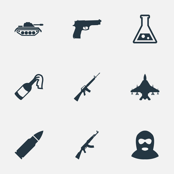 Készlet 9 egyszerű hadsereg ikonok. Megtalálható az ilyen elemek, mint Molotov, puska, pisztoly, pisztoly és egyéb. - Vektor, kép