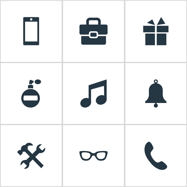 Set van 9 eenvoudige iconen. Elementen zoals geur, mobiele telefoon, Business tas en andere vindt. - Vector, afbeelding