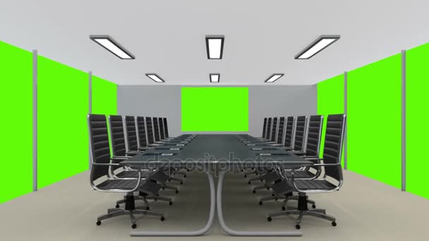 Tiro de sala de reunião com paredes de tela verde e exibição
 - Filmagem, Vídeo