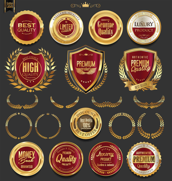 Insignias y etiquetas doradas con colección de coronas de laurel
  - Vector, imagen