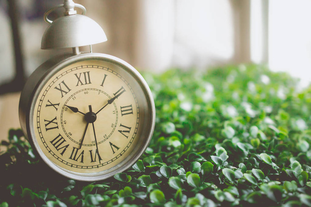 Ρετρό ρολόι-ξυπνητήρι με Ρωμαϊκό αριθμητικό το γρασίδι και αντίγραφο χώρος για διαφήμιση σχετικά με την ώρα ή την έννοια της νοσταλγίας - Φωτογραφία, εικόνα