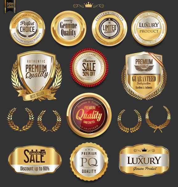 Golden badges and labels with laurel wreath collection  - Vector, afbeelding