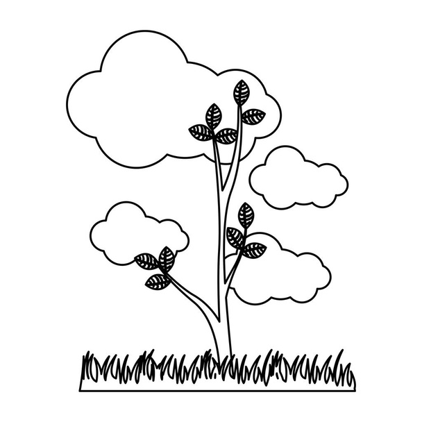 silueta paisaje con árbol en pasto y nube cúmulo icono
 - Vector, Imagen