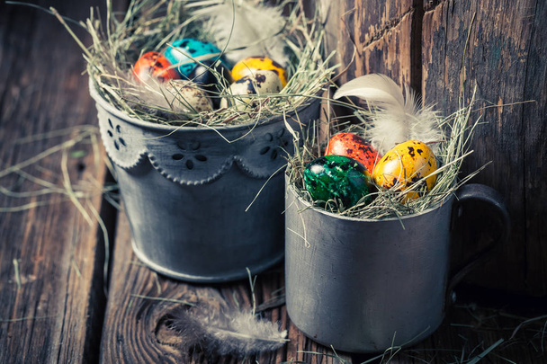 Quail and hen Easter eggs with hay in old mug - 写真・画像