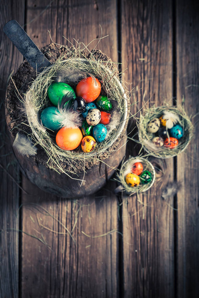 Ecological eggs for Easter in wooden small henhouse - Фото, зображення