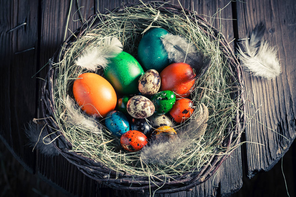 Ecological Easter eggs in the nest with hay - Foto, afbeelding